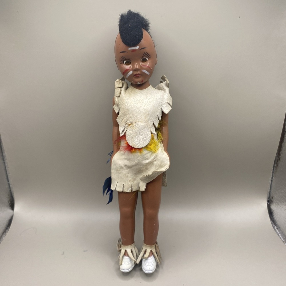 Vintage Carlson 1950s Native American Doll Leather Feathers Sleepy Eyes 7"